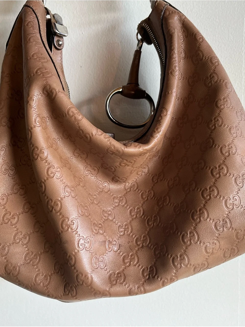 Gucci Guccisima Tan Beige Embossed Leather One Strap Hobo Purse Silver Hardware